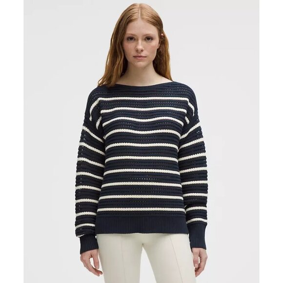 Lululemon Cotton Crochet Pullover Sweater Club Blue/Light Ivory XL Open-Knit - Picture 1 of 5